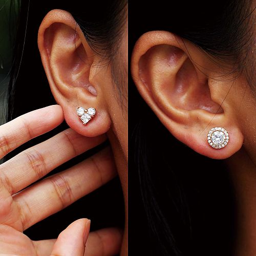1 paire de clous d'oreilles plaqués or 18 carats, Style moderne et décontracté, incrustation en cuivre et Zircon en forme de cœur