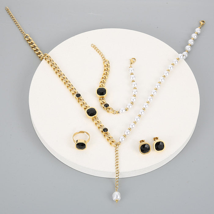 Ensemble de bijoux plaqués or 18 carats, gouttelettes d'eau carrées de Style Simple, incrustation de placage en acier inoxydable, Zircon