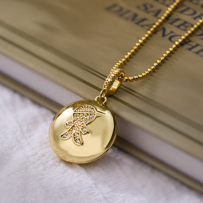 Simple Style Commute Human Round Copper Plating Inlay Zircon 18K Gold Plated Pendant Necklace