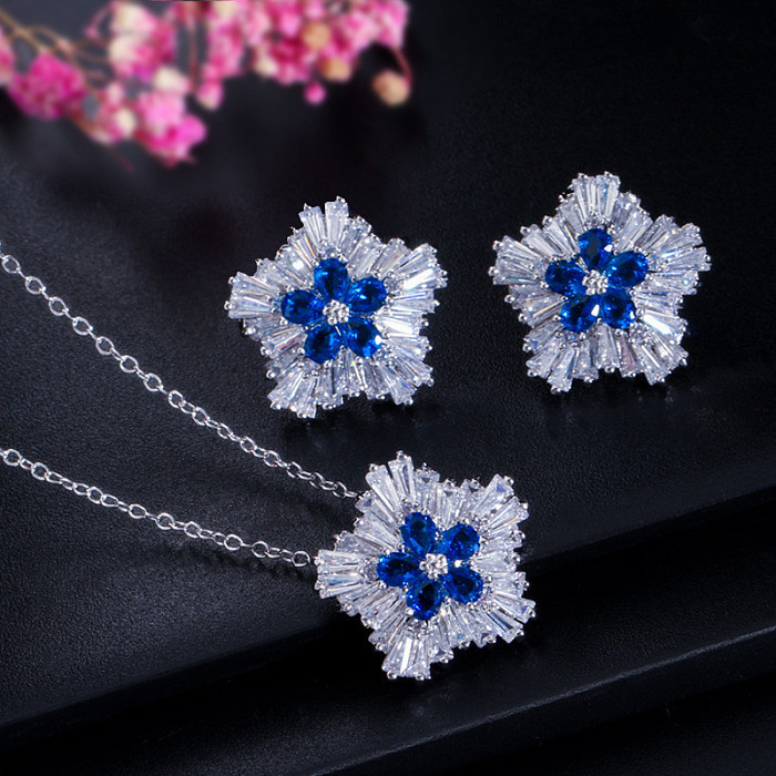 Elegant Classic Style Flower Copper Plating Inlay Zircon Rose Gold Plated Earrings Necklace