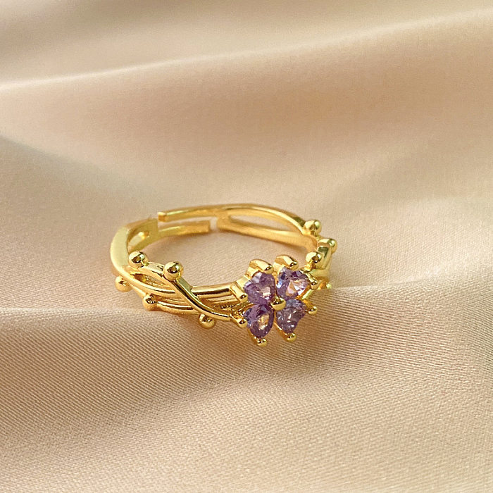 Anillo abierto de piedras preciosas artificiales con incrustaciones de cobre y flores de estilo francés elegante para dama