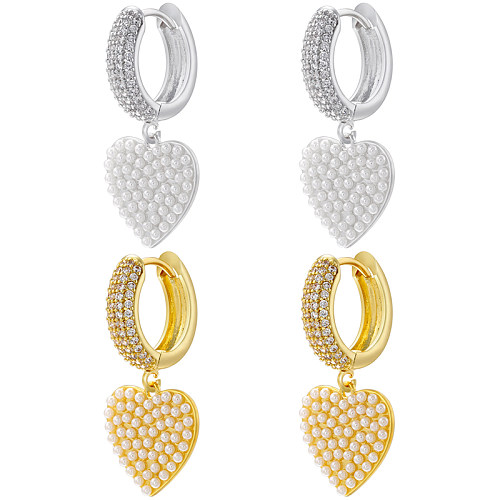 1 paire de boucles d'oreilles décontractées en forme de cœur pour femme, incrustation de cuivre et de perles en Zircon plaqué or 18 carats