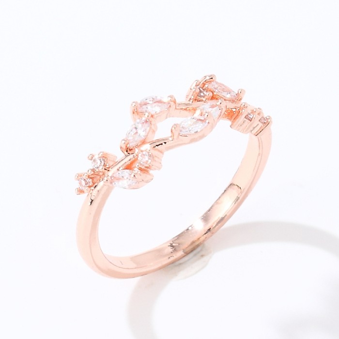 Casual Leaves Copper Inlay Zircon Open Rings