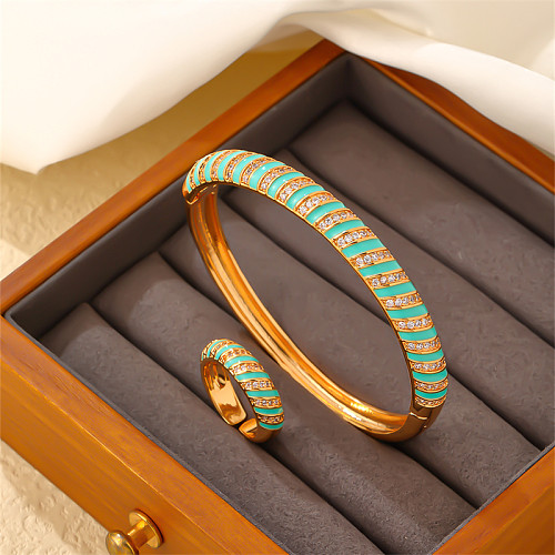 Elegante senhora geométrica redonda espiral listra cobre esmalte chapeamento inlay zircão banhado a ouro anéis pulseiras