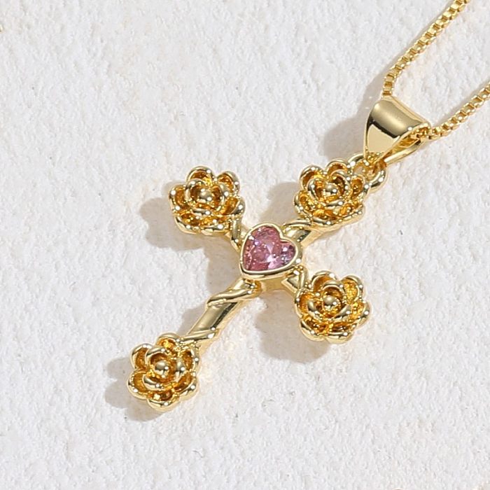 Colar elegante com pingente banhado a ouro 14K com flor em forma de coração e cruz em cobre