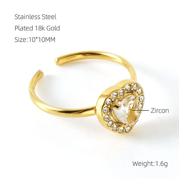 1 Piece Shiny Heart Shape Stainless Steel Plating Inlay Zircon Open Ring