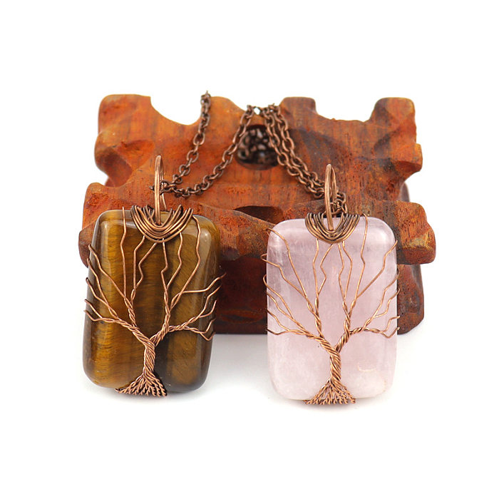 Collier avec pendentif rectangulaire en pierre naturelle, cristal et cuivre, Style Simple, 1 pièce