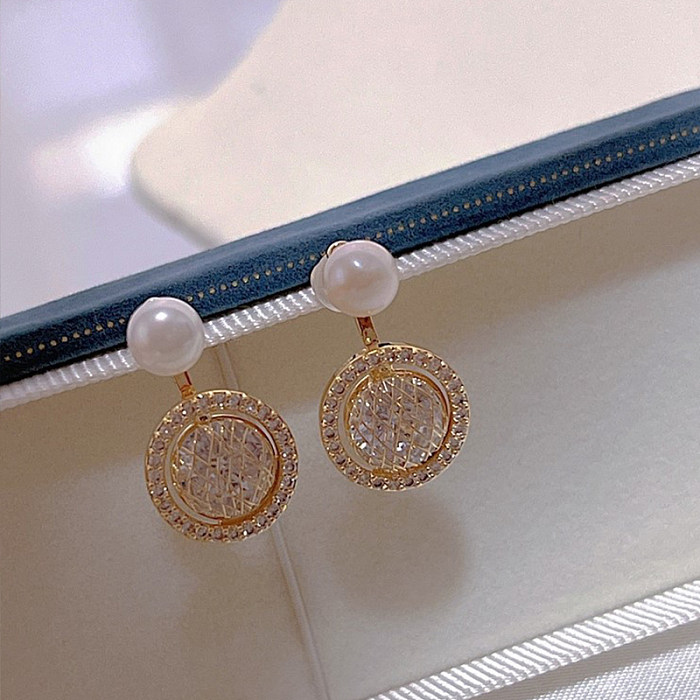 1 Pair Elegant Classic Style Commute Round Plating Inlay Copper Artificial Diamond 14K Gold Plated Drop Earrings