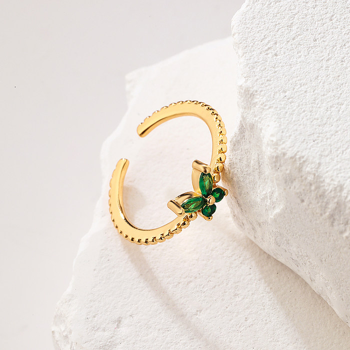 Modischer offener Ring mit Blumen- und Schmetterlingsmotiv, Kupfer, vergoldet, Zirkon, 1 Stück