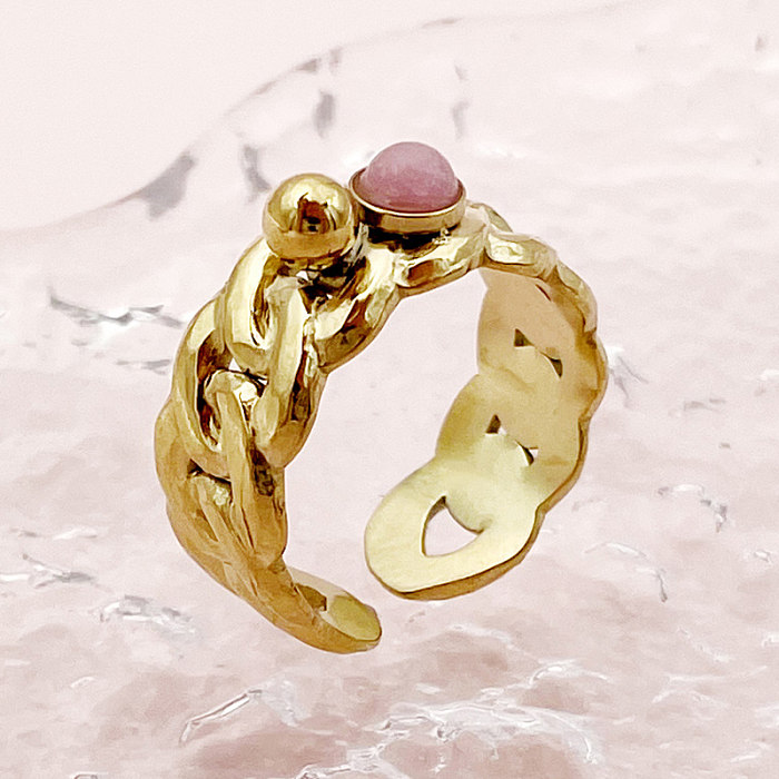 Elegant Roman Style C Shape Stainless Steel Plating Inlay Natural Stone Gold Plated Open Rings