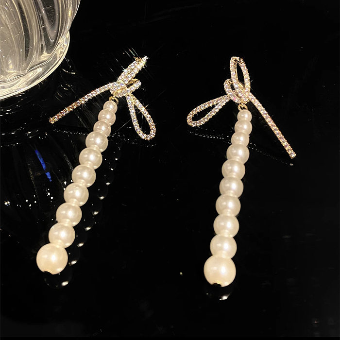 1 Pair Lady Pearl Bow Knot Irregular Beaded Inlay Copper Zircon Drop Earrings