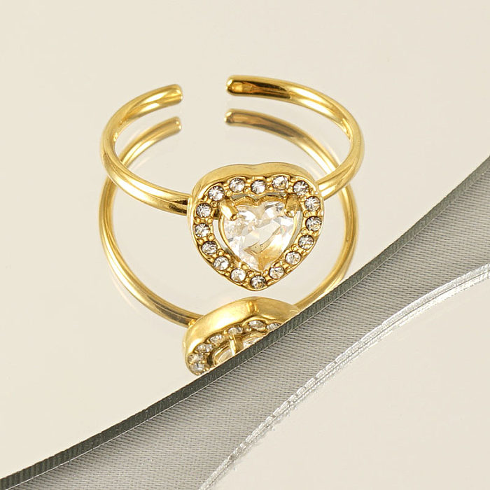 1 peça anel aberto de zircônia em forma de coração brilhante chapeamento de aço inoxidável