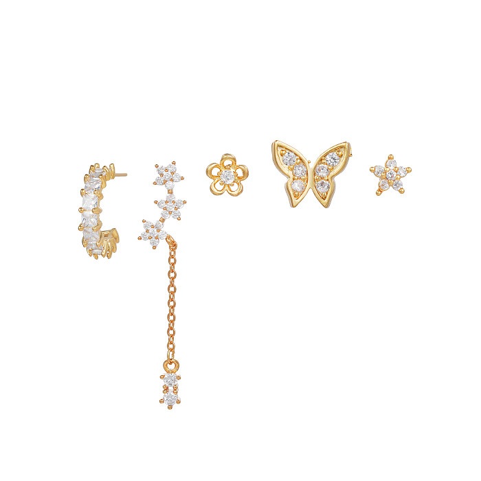 Mode étoile fleur papillon cuivre chaîne asymétrique Zircon boucles d'oreilles pendantes 5 pièces ensemble