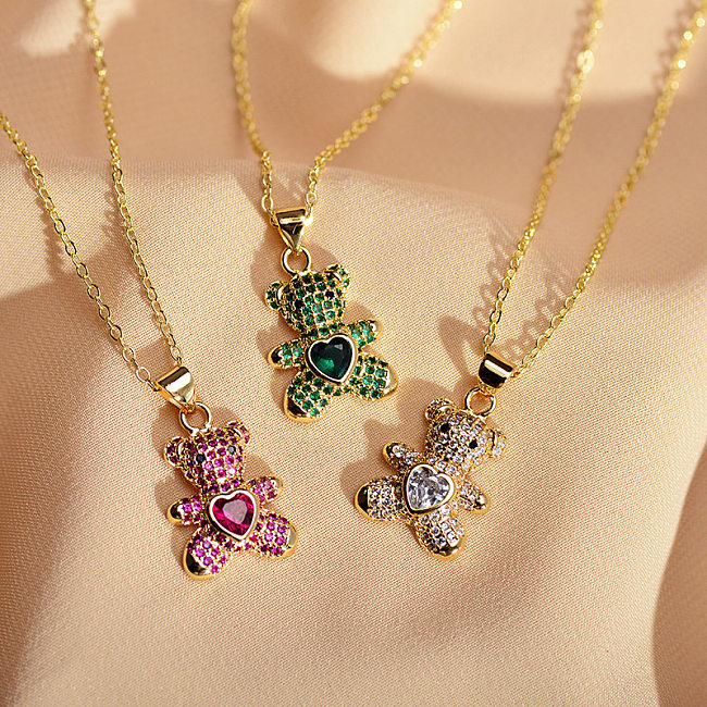 IG Style Little Bear Heart Shape Alloy Copper Inlay Zircon Pendant Necklace