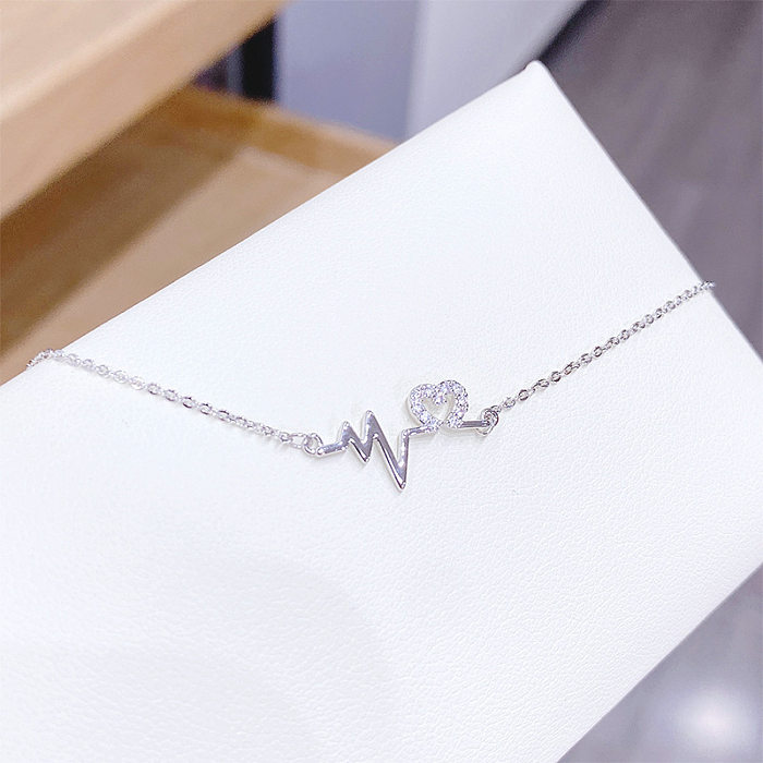 Fashion Electrocardiogram Heart Shape Copper Inlay Artificial Diamond Zircon Pendant Necklace 1 Piece