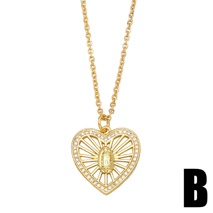 Heart-shaped Virgin Mary Copper 18K Gold-plated Zircon Necklace