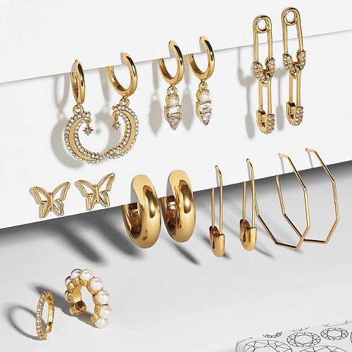 Wholesale Fashion Pin Butterfly Stars Moon Copper Buckle Earrings Set jewelry