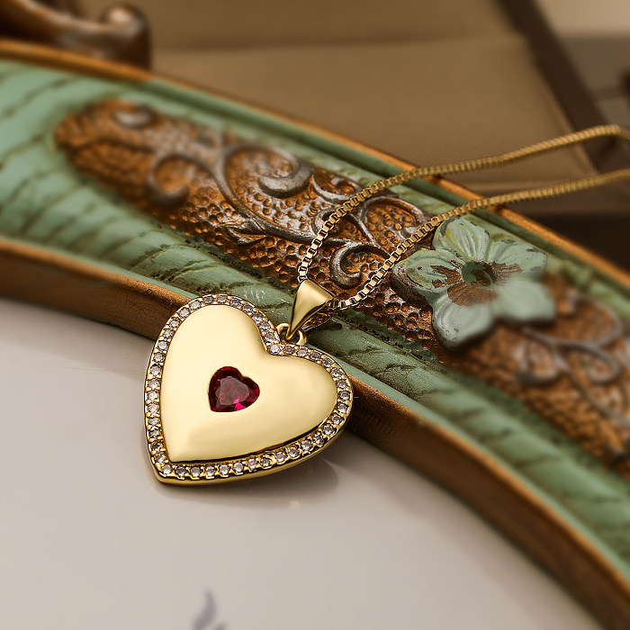 Simple Style Commute Heart Shape Copper Plating Inlay Zircon 18K Gold Plated Pendant Necklace