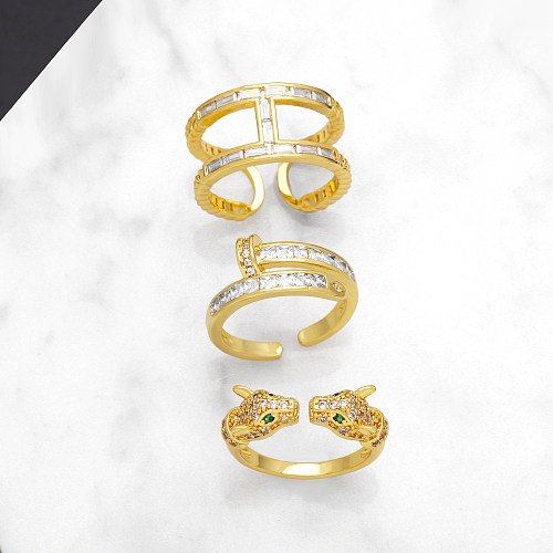 IG Style Hip-Hop Solid Color Leopard Copper Plating Inlay Zircon 18K Gold Plated Open Rings