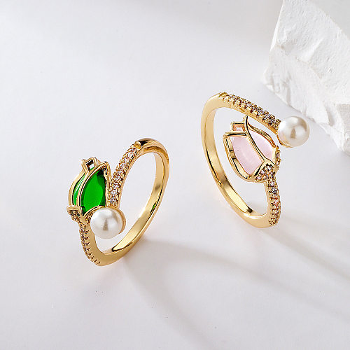 Fashion Flower Copper Gold Plated Artificial Pearls Zircon Open Ring 1 Piece