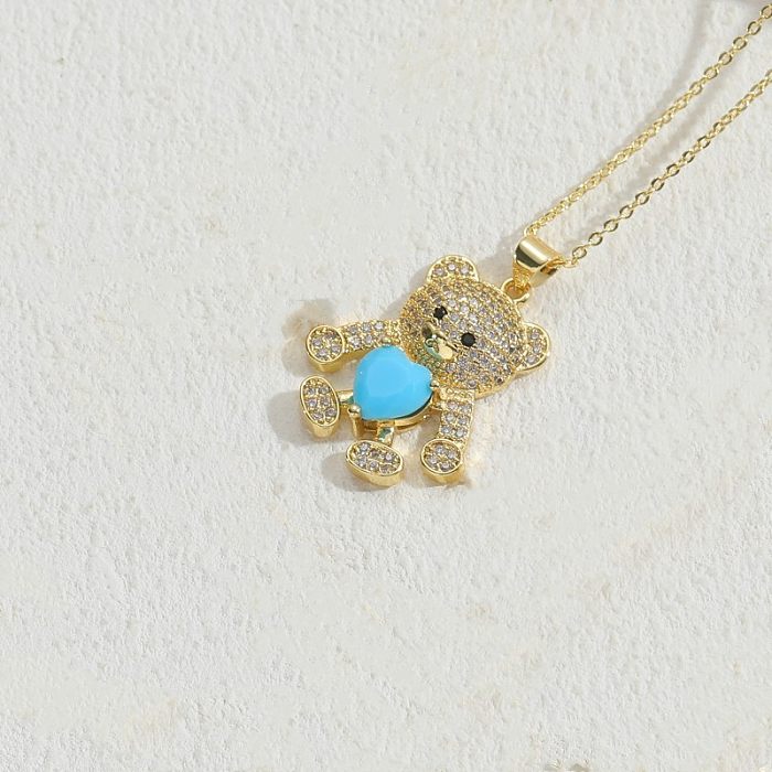 Cute Bear Heart Shape Copper Plating Inlay Zircon 14K Gold Plated Pendant Necklace