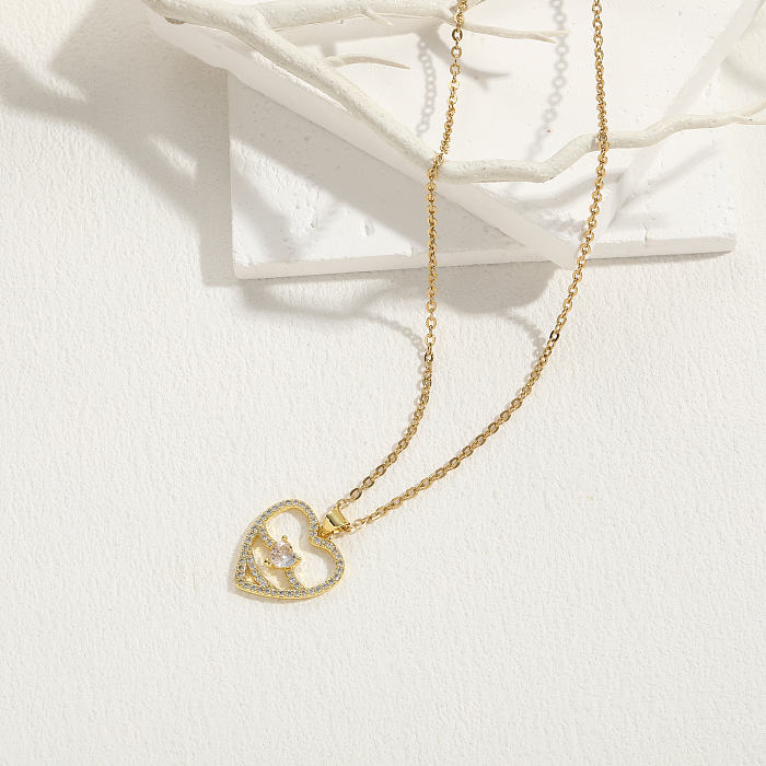 Casual Modern Style Human Oval Heart Shape Copper Plating Hollow Out Inlay Zircon 14K Gold Plated Pendant Necklace Long Necklace