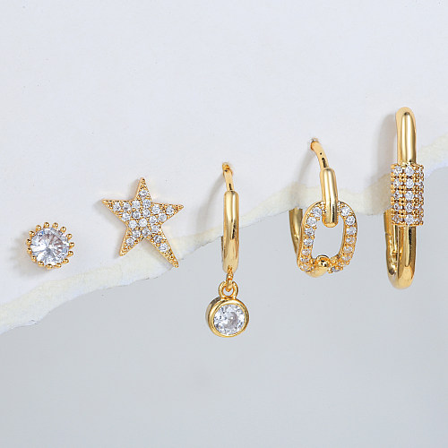 Modische Pentagramm-Ohrringe aus rundem Kupfer, vergoldet, unregelmäßige Zirkone, 5-teiliges Set