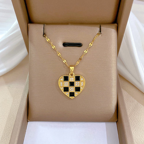 Fashion Lattice Heart Shape Stainless Steel Copper Inlay Rhinestones Pendant Necklace
