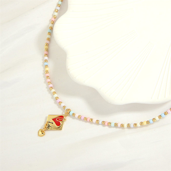Collier pendentif plaqué or 18 carats, Style IG, lettre en forme de cœur, verre, cuivre, perles en émail