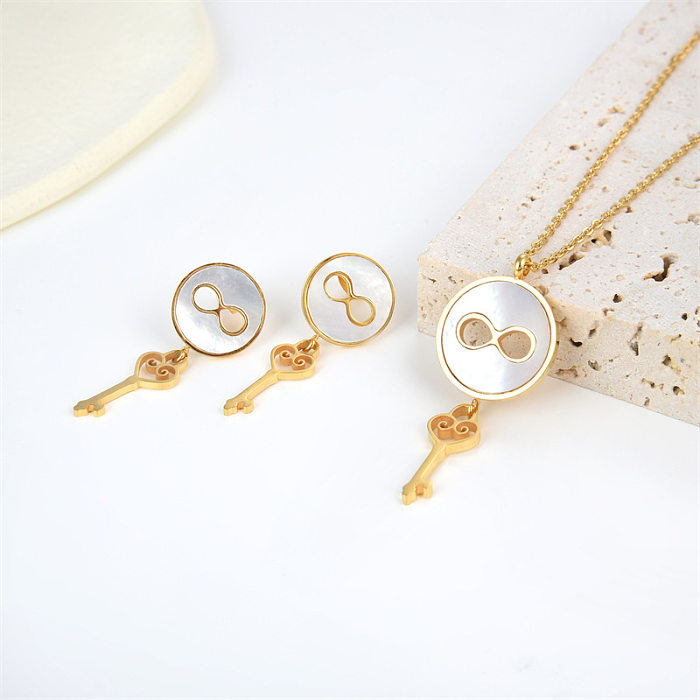 Retro French Style Key Stainless Steel Inlay Shell Earrings Necklace