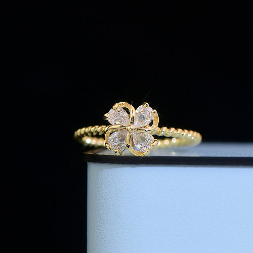Estilo francês estilo simples flor chapeamento de cobre incrustação zircão 14K anéis abertos banhados a ouro
