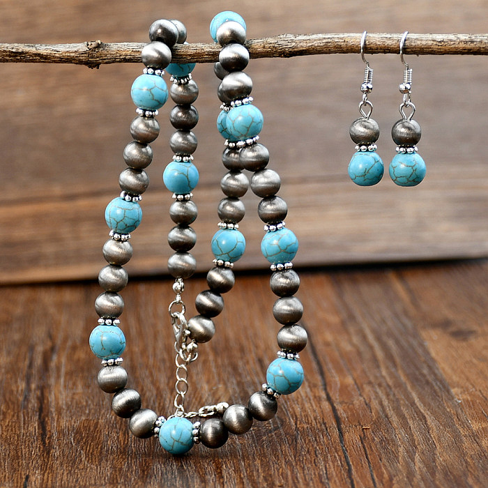Vintage Style Geometric Stainless Steel Plastic Turquoise Beaded Silver Plated Earrings Necklace