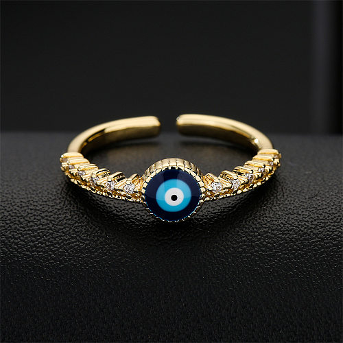 Anillo abierto de ojo de diablo con aceite que gotea a la moda, anillo de circón con microconjunto de oro de 18 quilates chapado en cobre