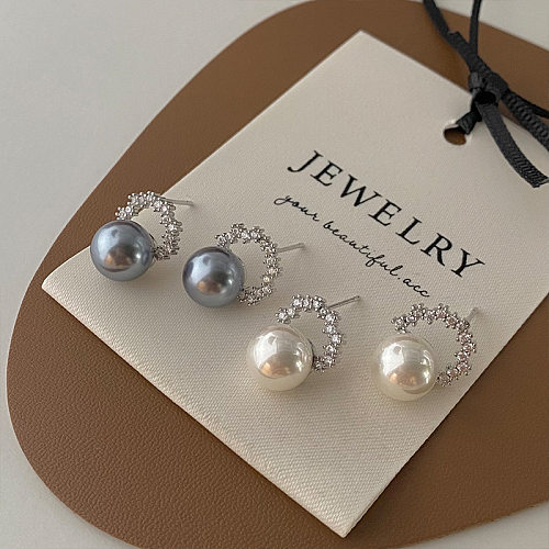 1 paire de clous d'oreilles en cuivre et Zircon, Style Simple, placage de perles, incrustation