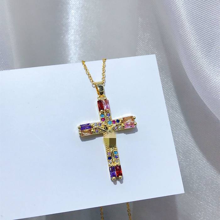Collar De Cobre Con Colgante De Cruz Religiosa De Jesús Con Circón De Color A La Moda