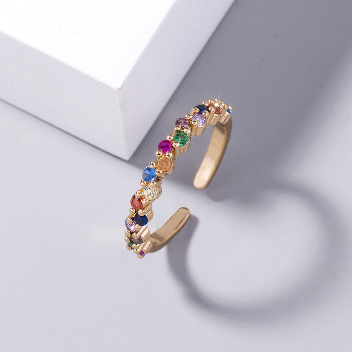 Anel de cobre ajustável das senhoras da abertura do zircão do arco-íris do estilo simples