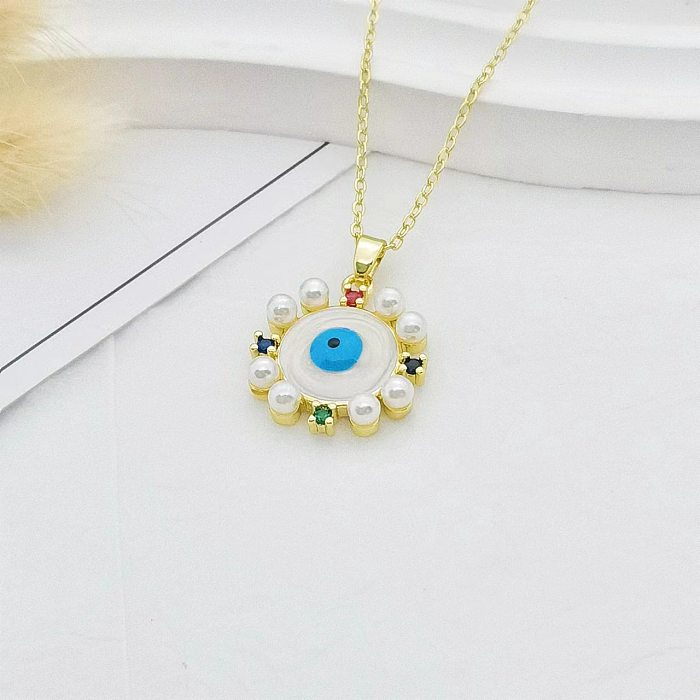 IG Style Casual Devil'S Eye Star Moon Copper Enamel Plating Inlay Pearl Zircon 18K Gold Plated Pendant Necklace