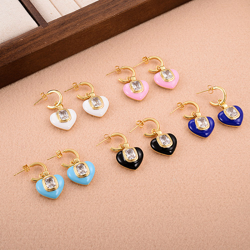 1 paire de boucles d'oreilles pendantes en forme de cœur doux de Style IG, incrustation de cuivre et de Zircon plaqué or 18 carats
