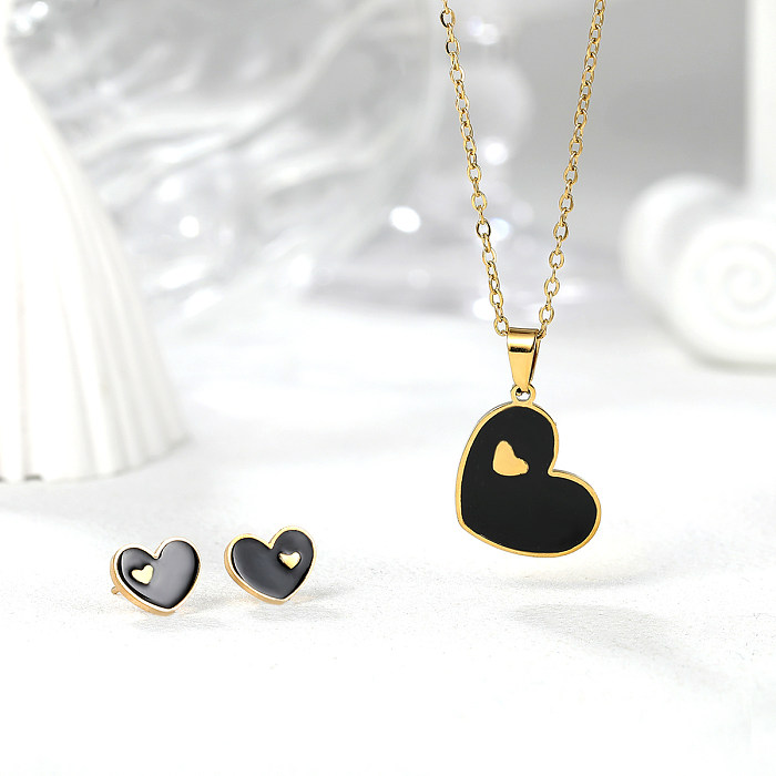 قلادة أقراط نسائية رومانسية على شكل قلب من الفولاذ المقاوم للصدأ مطلية بالذهب عيار 18 قيراط