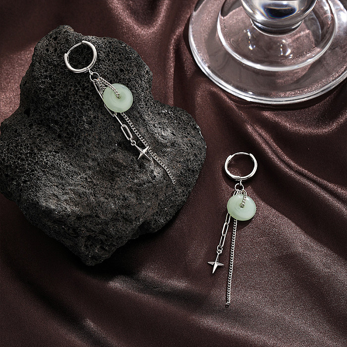 1 paire de boucles d'oreilles pendantes, Style rétro Simple, étoile ronde, chaîne plaquée Jade, cuivre plaqué argent