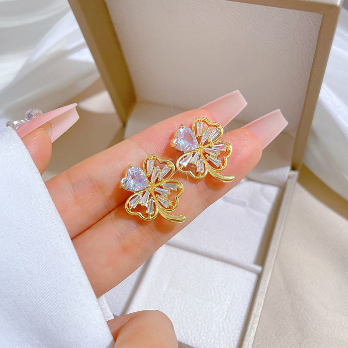 Sweet Flower Titanium Steel Plating Inlay Zircon Earrings Necklace