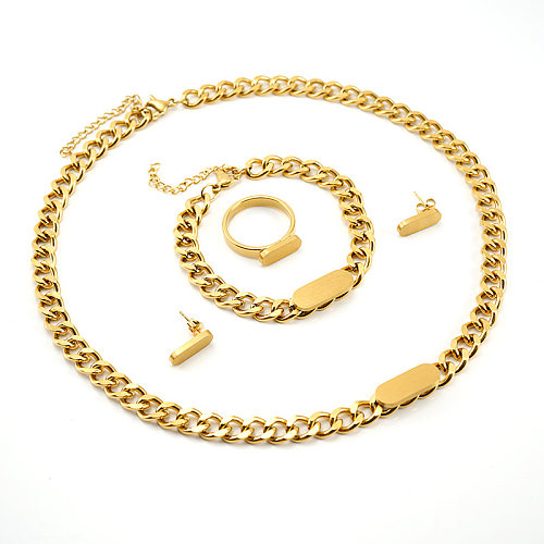 Moda oval de aço inoxidável banhado a ouro anéis brincos colar conjunto de 5 peças