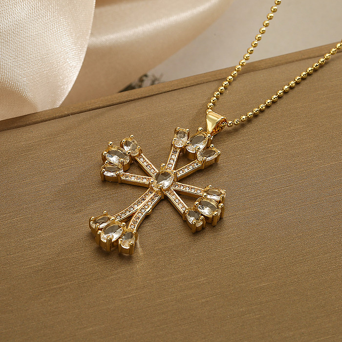 Retro Simple Style Cross Copper Plating Inlay Zircon 18K Gold Plated Pendant Necklace