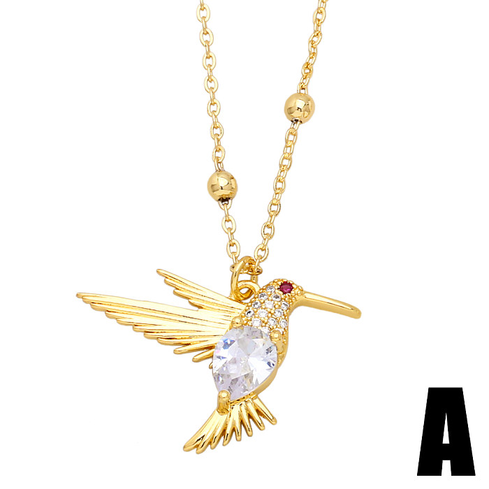 Retro Animal Bird Copper Gold Plated Zircon Pendant Necklace 1 Piece