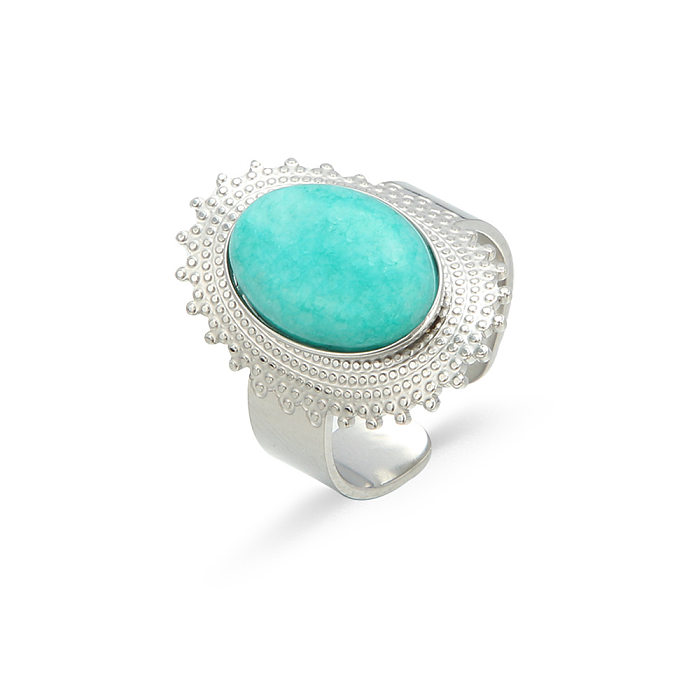Retro Oval Turquoise Inlaid Golden Stainless Steel Open Ring