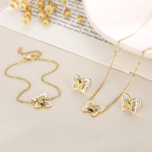 Elegant Streetwear Butterfly Titanium Steel Plating Inlay Shell 18K Gold Plated Bracelets Earrings Necklace