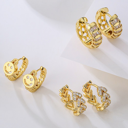 Fashion Smiley Face Copper Gold Plated Zircon Hoop Earrings 1 Pair