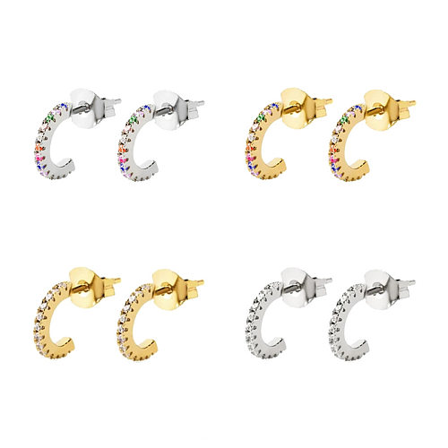 Micro-inlaid Color Zircon C-shaped Earrings European And American Simple Ring Circle Earrings