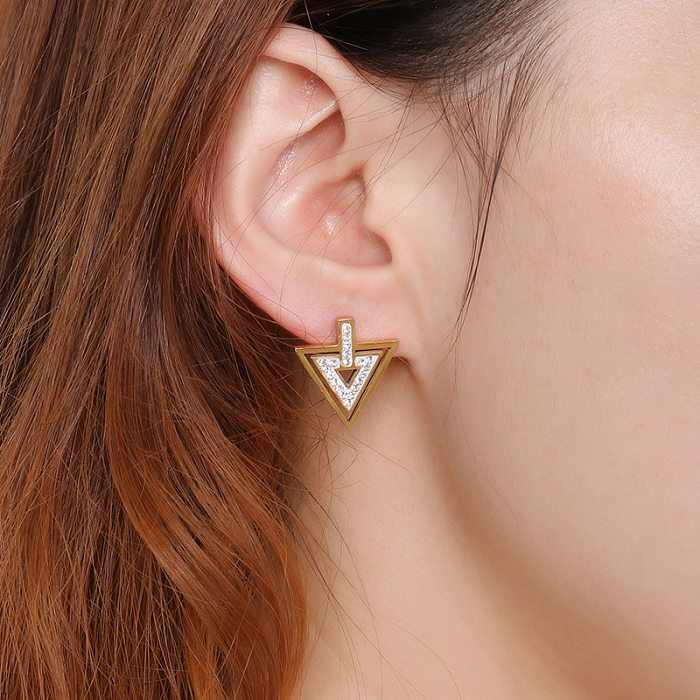 Fashion Stainless Steel New Temperament Simple Geometric Triangle Zircon Pendant Earrings Two-piece Set