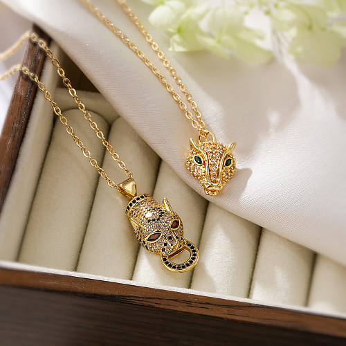 Collier avec pendentif en forme de tête de léopard, style Hip-Hop Simple, en cuivre plaqué or 18 carats, diamant, en vrac